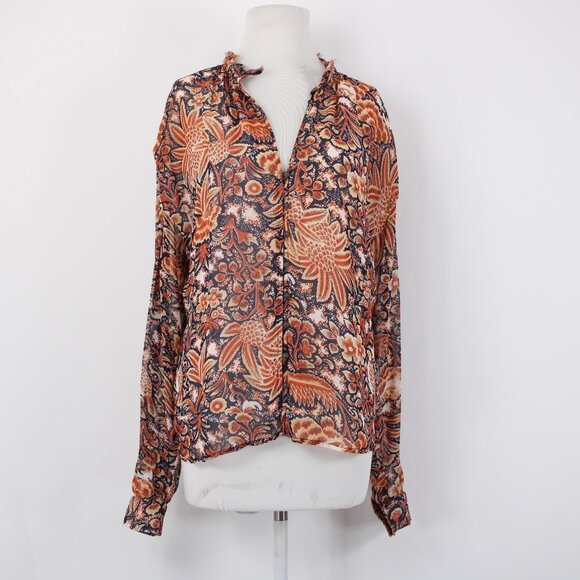 Pilcro Top Sz S Orange Multi Color Collared Buttons Lined 100% Poly Viscose Top - Picture 2 of 13